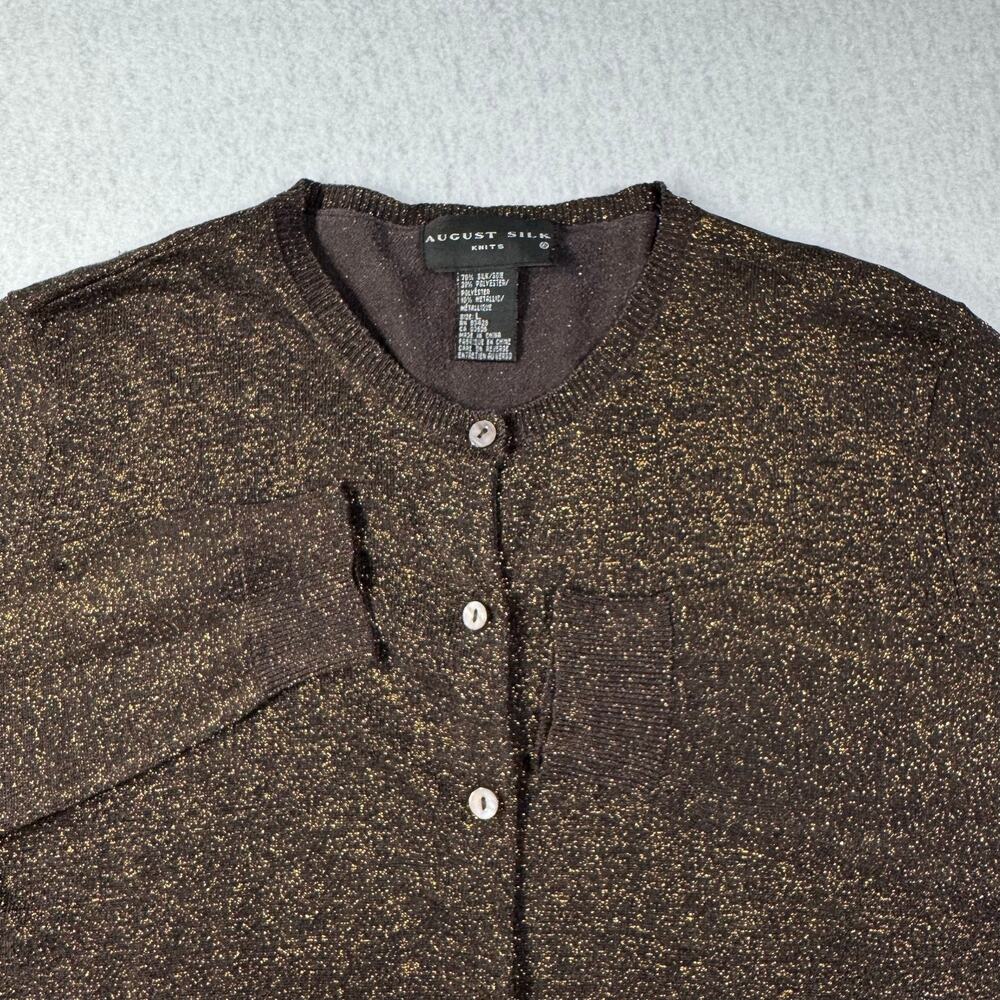 August Silk Knit Brown and Gold Metallic Button Up Sweater Large Long sleeved